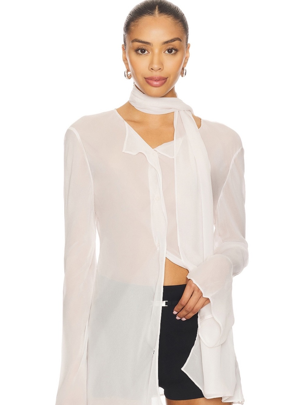 Brand New Sheer Scarf-Neck Blouse in White